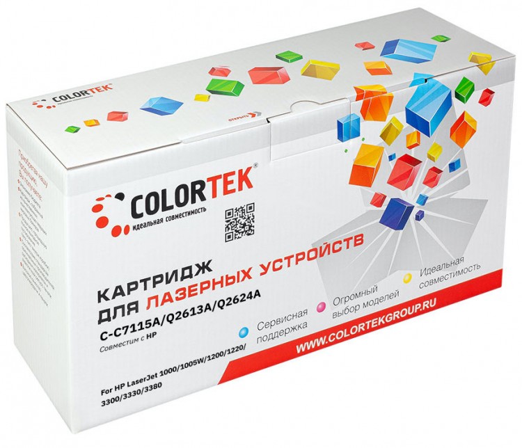 Лазерный картридж Colortek C-C7115A/ Q2613A/ Q2624A для принтеров HP LJ-1000/ 1005W/ 1200/ 1220/ 3300/ 3330/ 3380/ Canon LBP 1010 , черный, 2500 к.