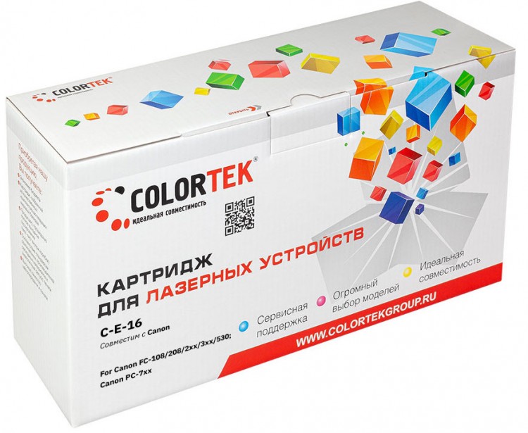 Лазерный картридж Colortek C-E-16 для принтеров Canon FC-2xx/ 3xx/ 530/ 108/ 208/ PC-7xx, черный, 2000 к.